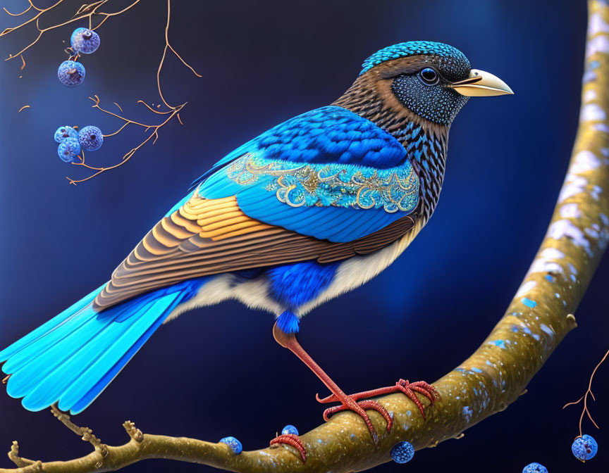 Colorful bird with blue plumage and intricate feather patterns perched on branch against blurred background