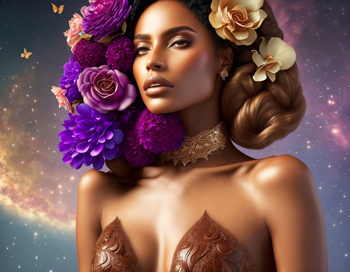 Portrait of woman with floral hairstyle, galaxy backdrop, and henna body art