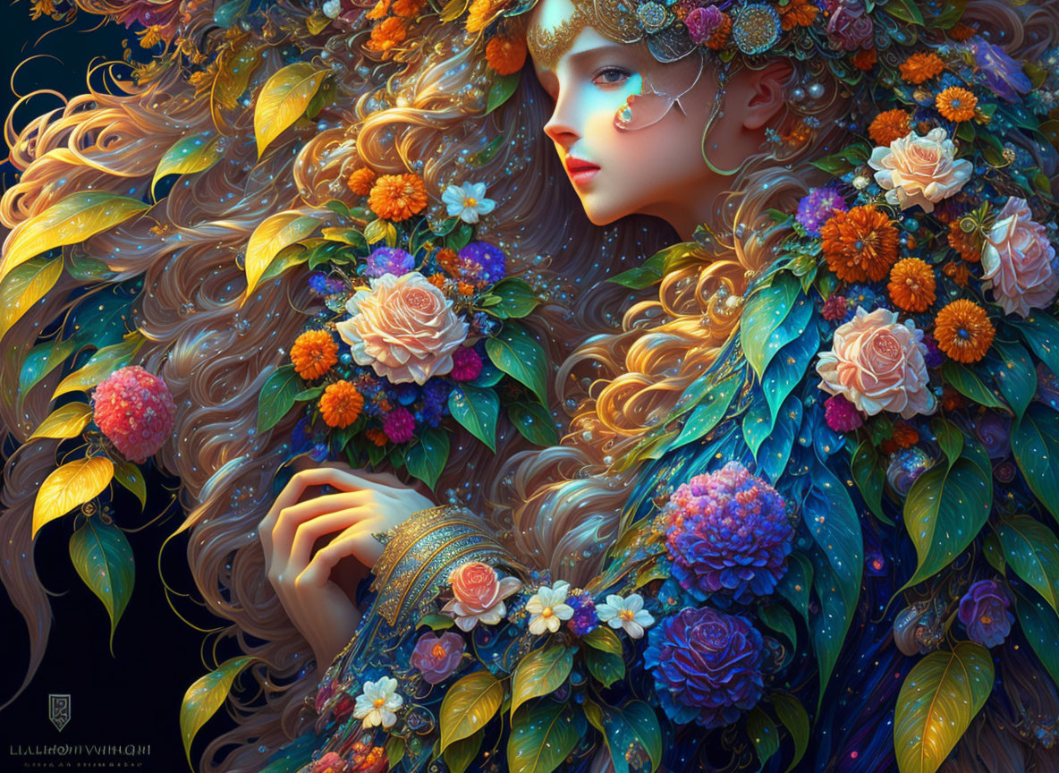 Detailed digital artwork of woman with floral decorations in hair and garment