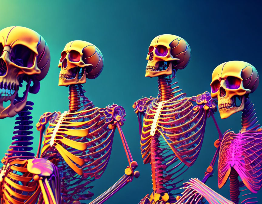 Colorful Neon Skeletons on Teal Background