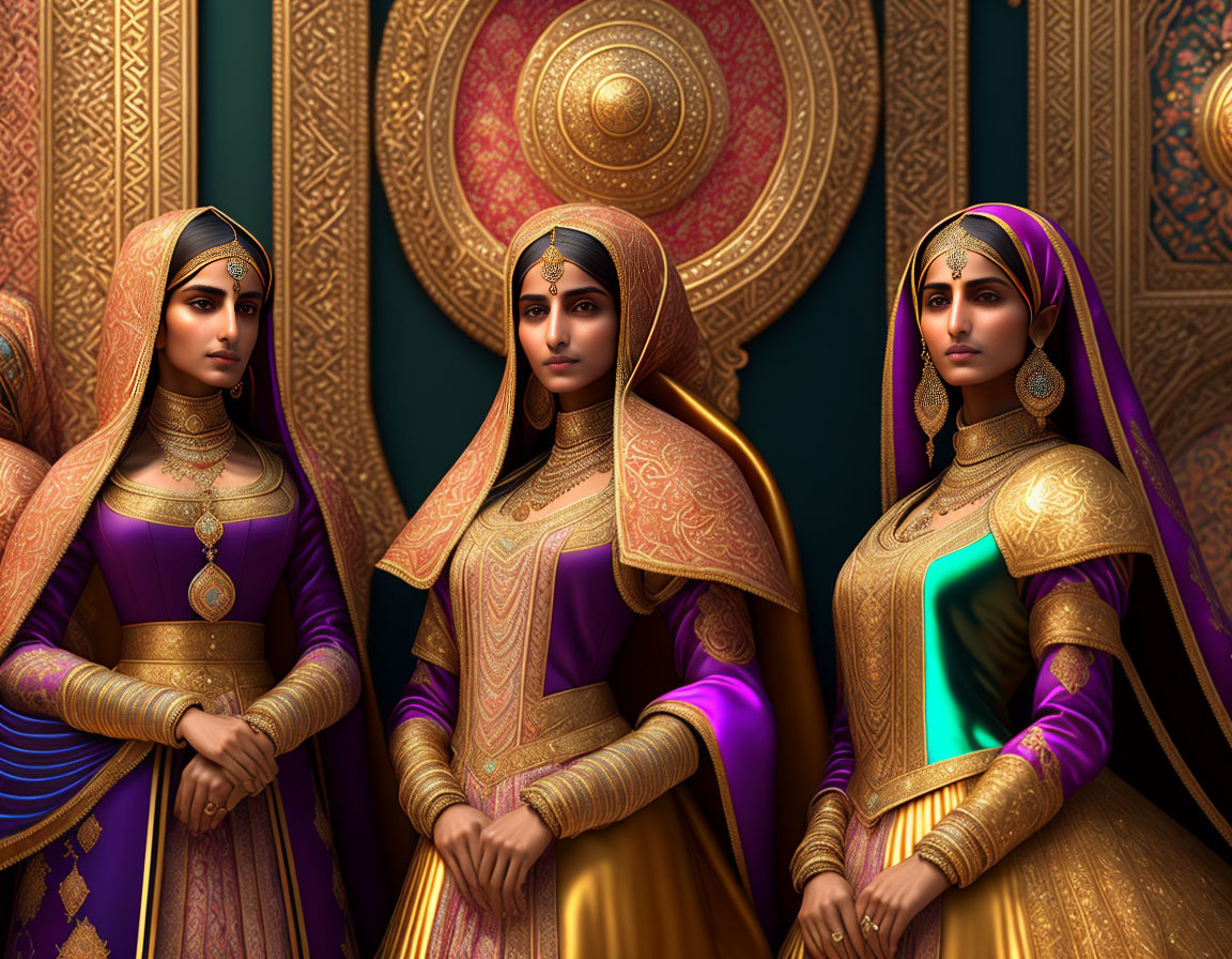 Three Indian women in traditional attire against ornate golden background
