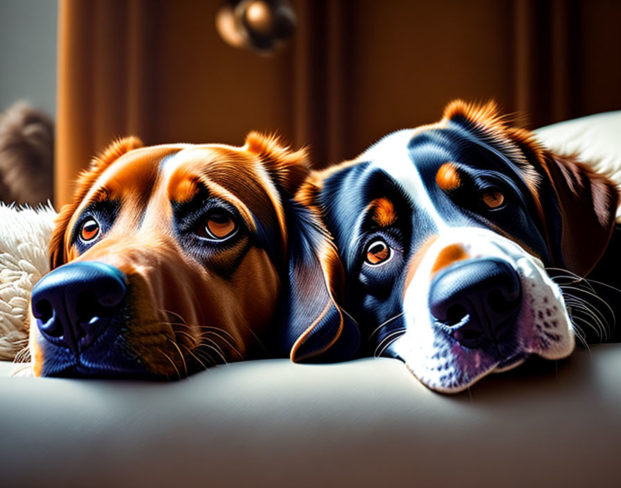 Two dogs with expressive eyes lying side by side in soft light