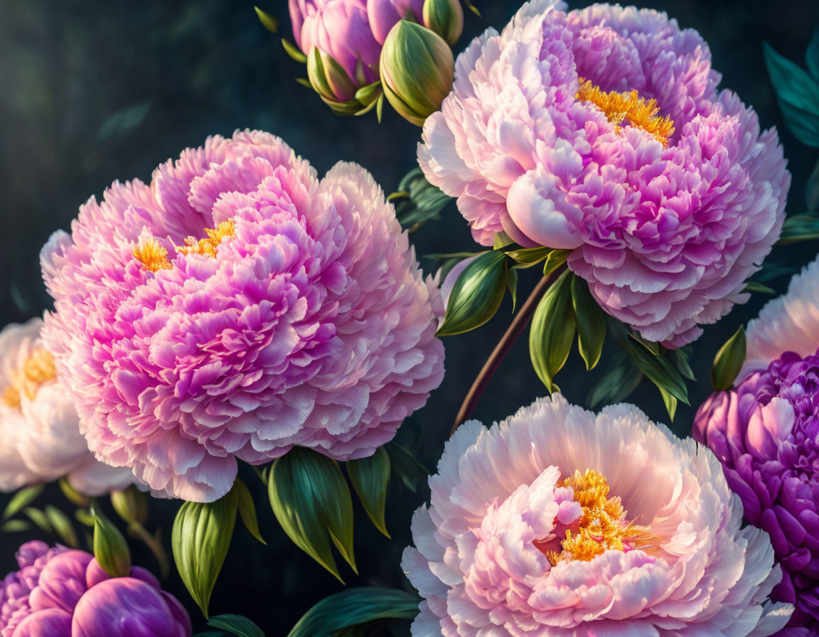 Vibrant pink peonies with golden centers on dark backdrop