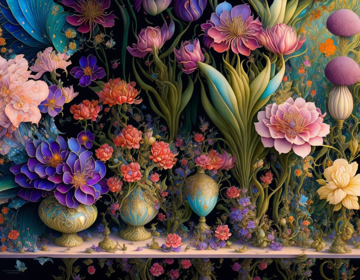 Detailed illustration of vibrant flowers and ornate vases on a dark background