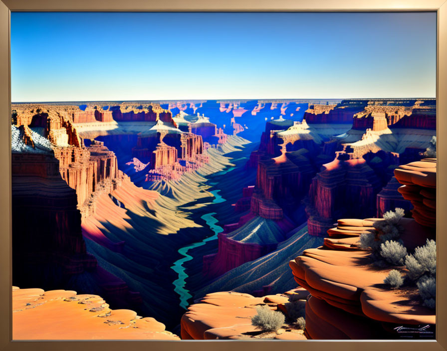 Canyon with layered rock formations under clear blue sky