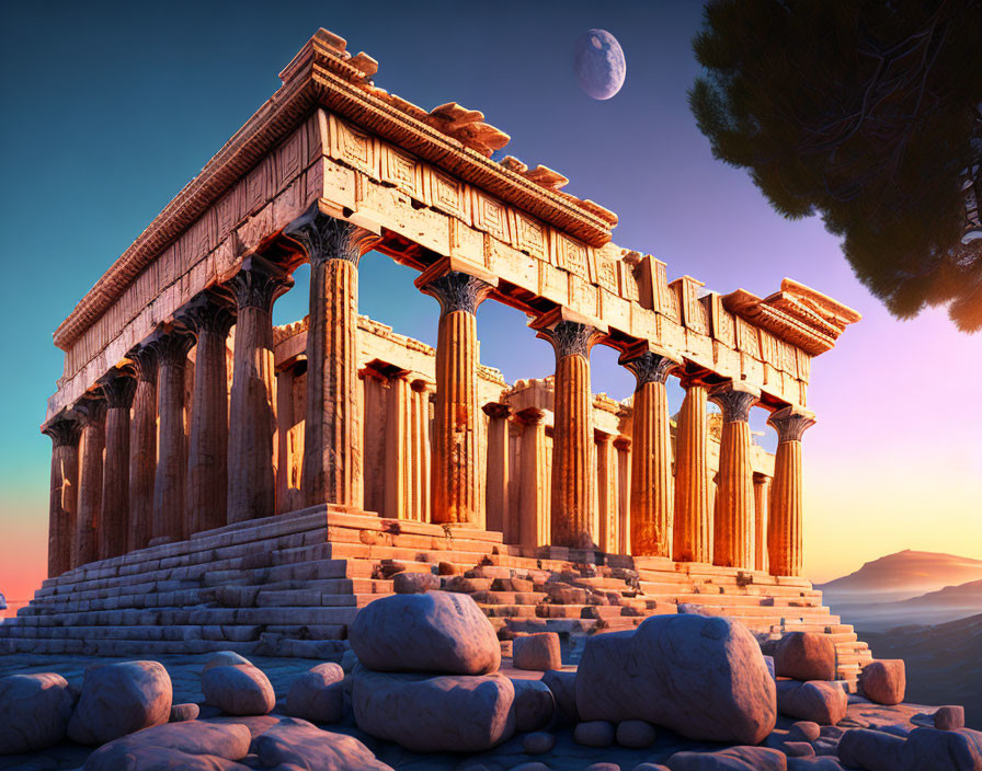 Ancient Greek Temple Columns at Sunset with Purple Sky and Moon