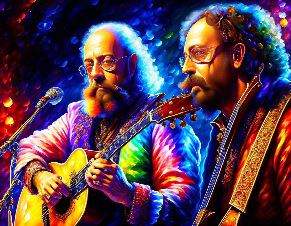 Musicians with guitars and microphone in vibrant psychedelic setting