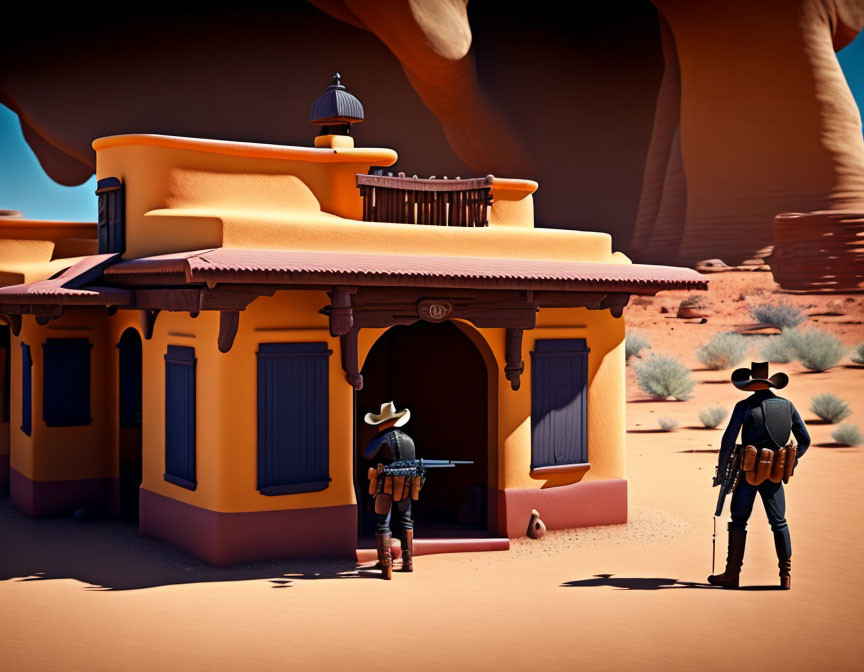 Two animated cowboys in front of desert adobe building under clear blue sky