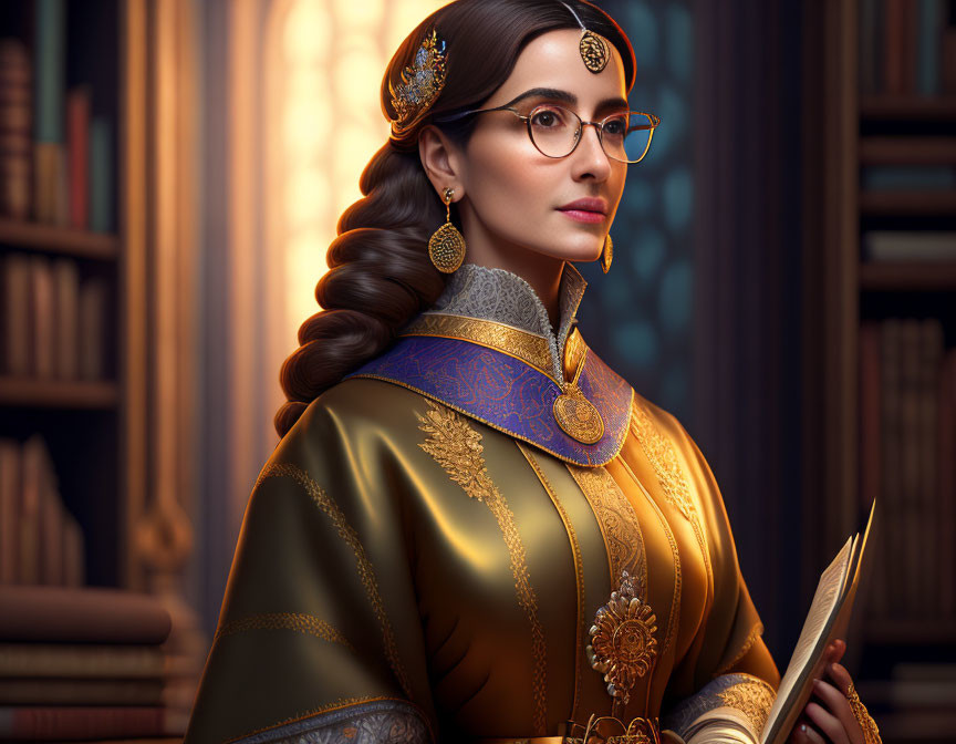 Regal woman in glasses with book in library setting