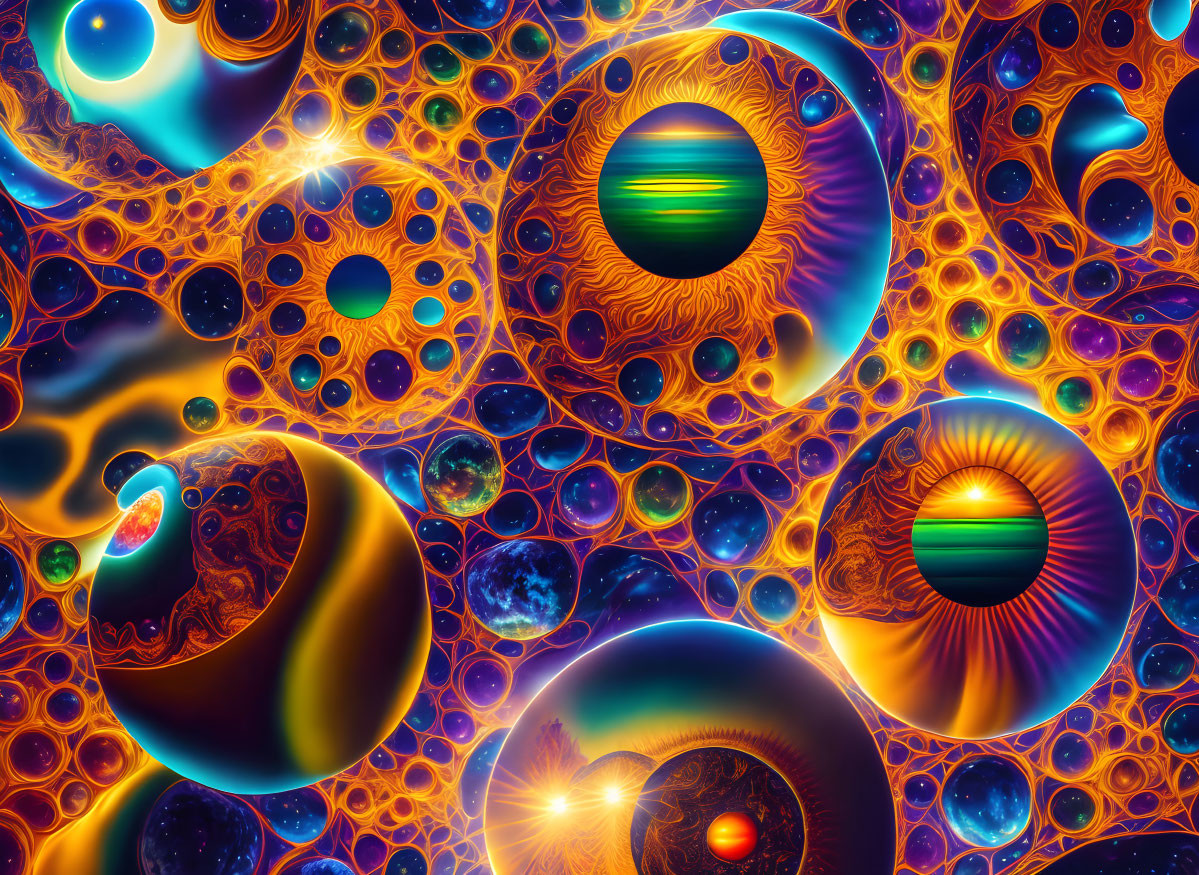 Colorful Abstract Art: Iridescent Orbs and Eye-Like Patterns