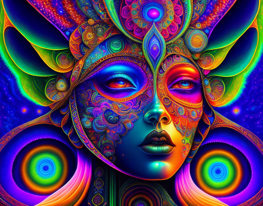 Colorful psychedelic portrait of a female figure with ornate patterns