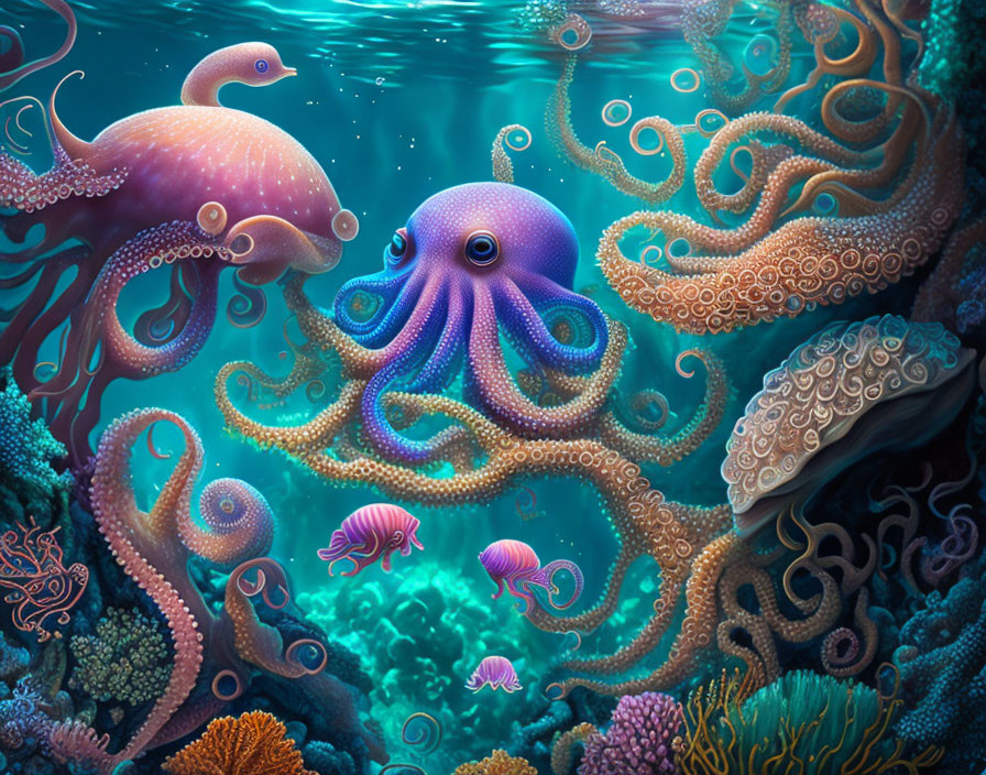 Colorful Underwater Scene with Stylized Octopuses and Coral Reefs