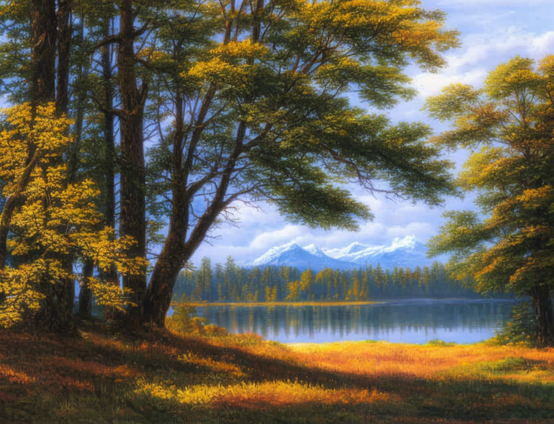 Tranquil lake with autumn trees and snowy mountains