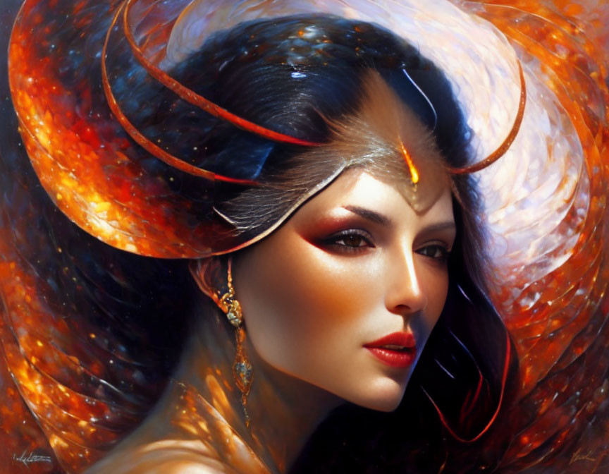 Portrait of a woman with swirling fiery and cosmic motifs.