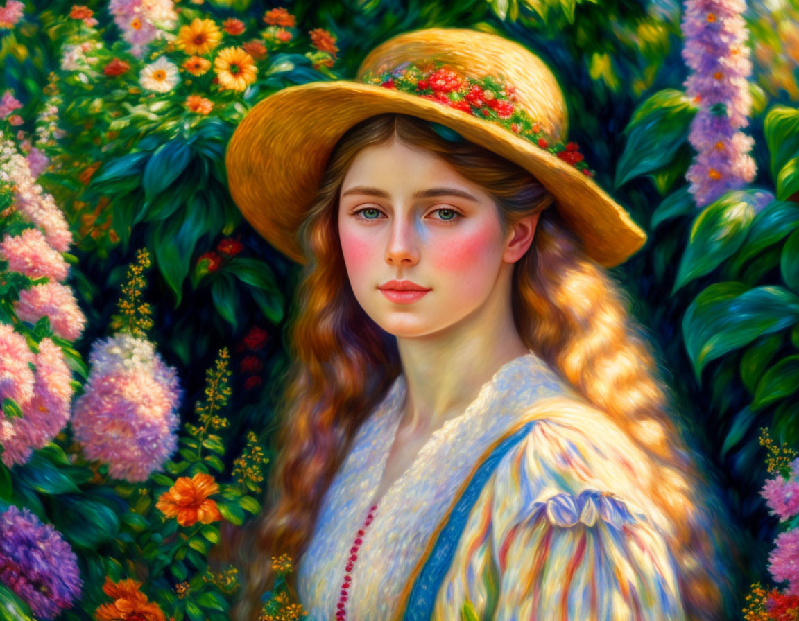 Young woman portrait with red cheeks and blue eyes in straw hat with flowers, vibrant floral backdrop