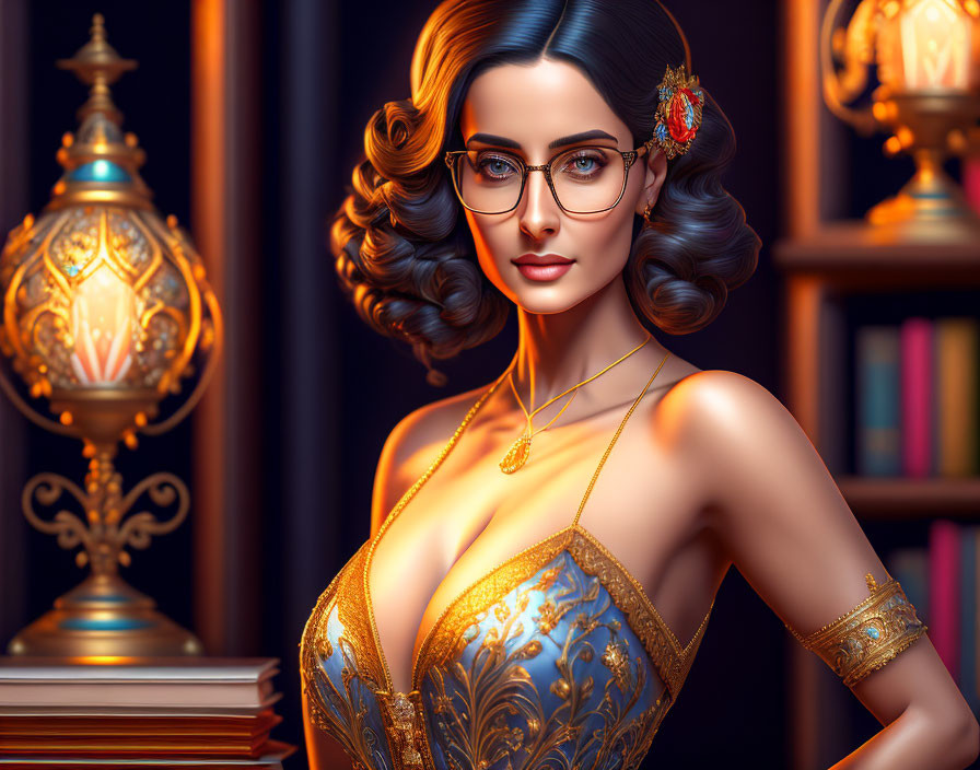 Digital artwork featuring woman with glasses in ornate attire in library setting