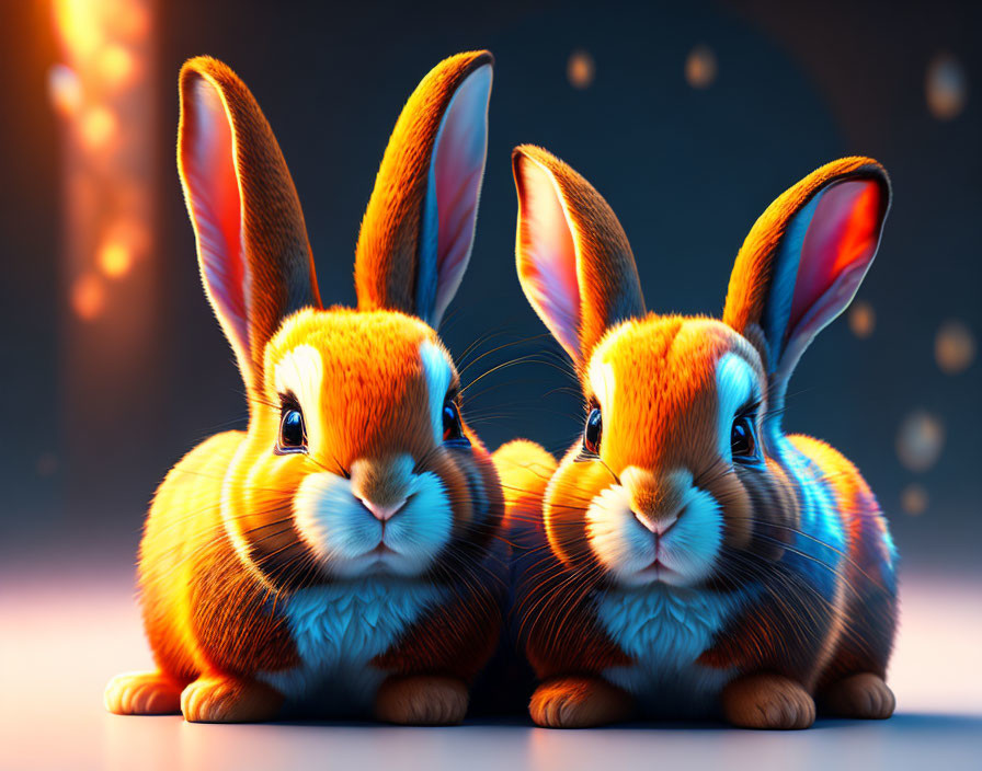 Realistic digital rabbits with bright orange fur on dark blue background