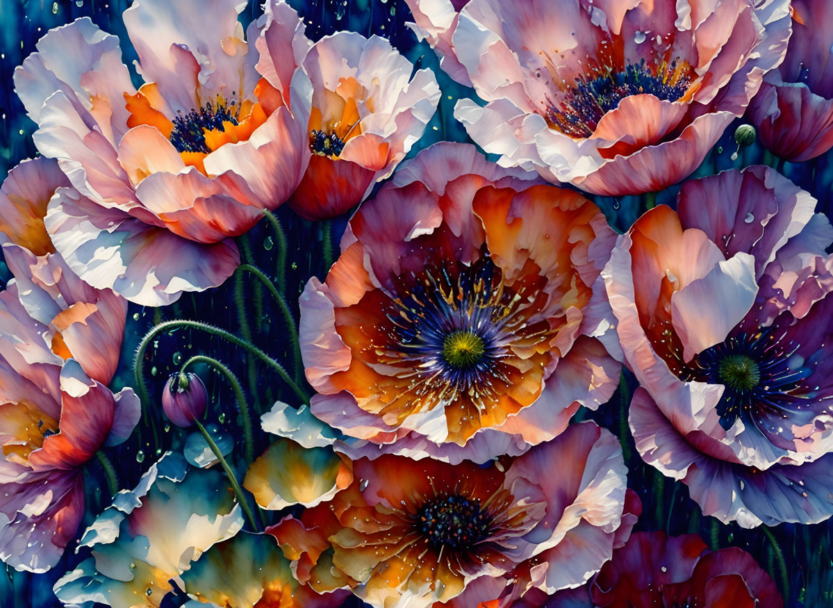 Detailed Cluster of Orange and White Poppies on Dark Blue Background