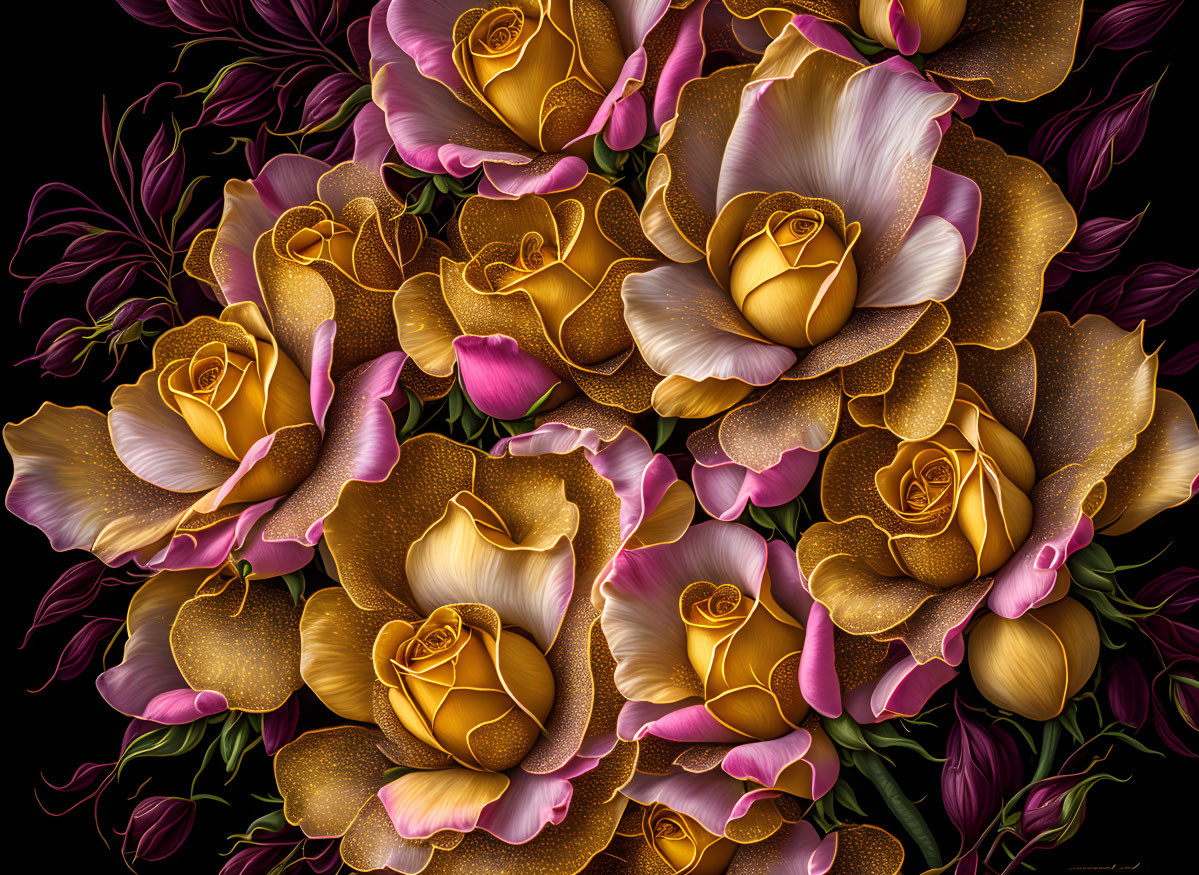 Golden roses bouquet with pink and purple accents on dark backdrop