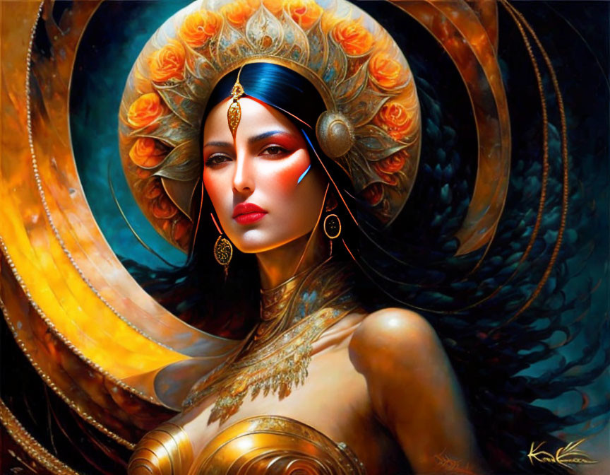 Exotic headdress woman in golden attire against swirling background