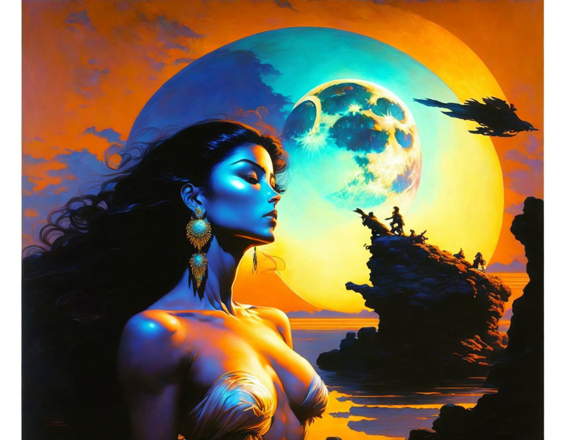 Illustrated woman under two moons by rocky coastline at sunset