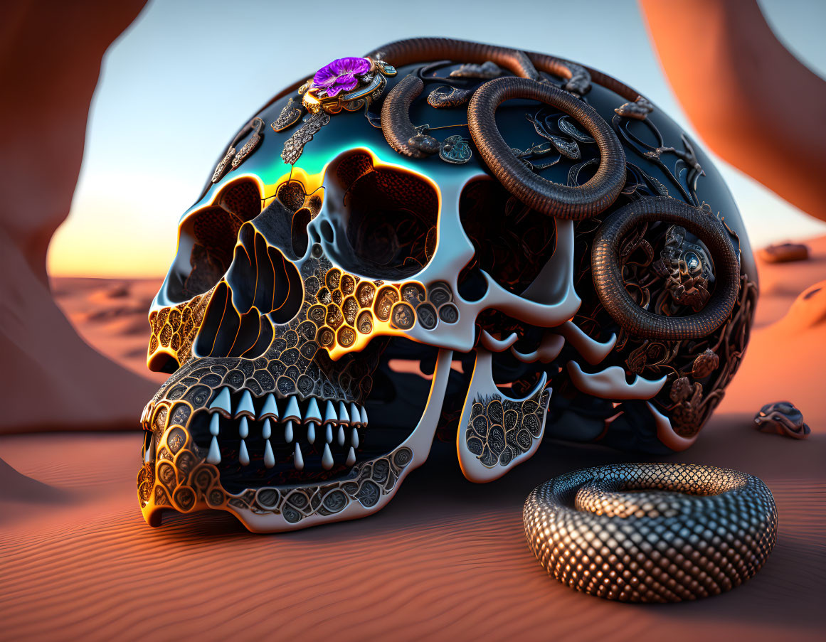 Intricately designed skull with mechanical gears and snakes in desert setting