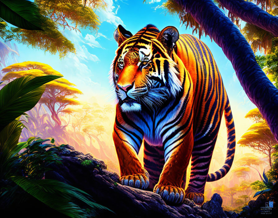 Vibrant digital art: Tiger in lush jungle with blue and orange hues