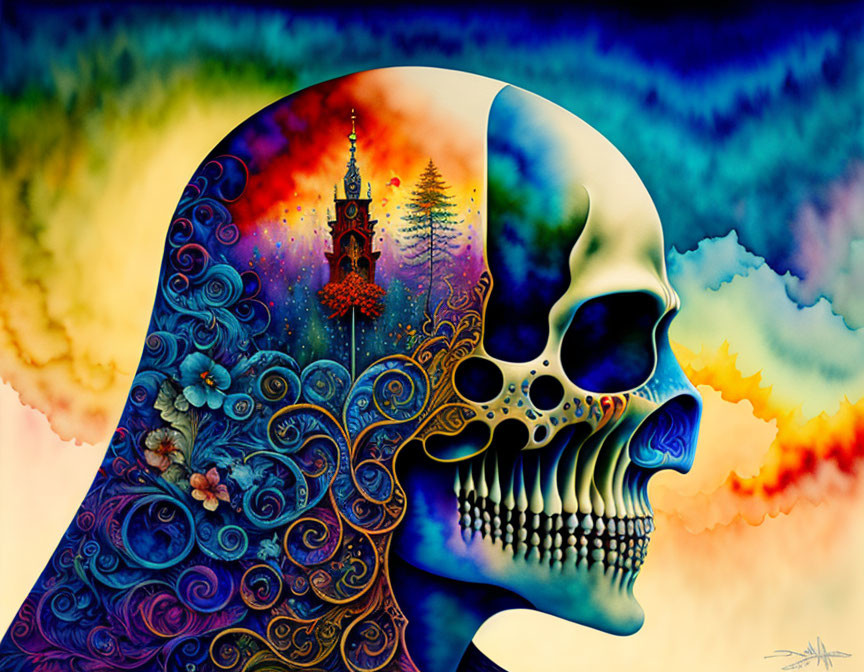 Colorful Skull Artwork with Psychedelic and Floral Patterns