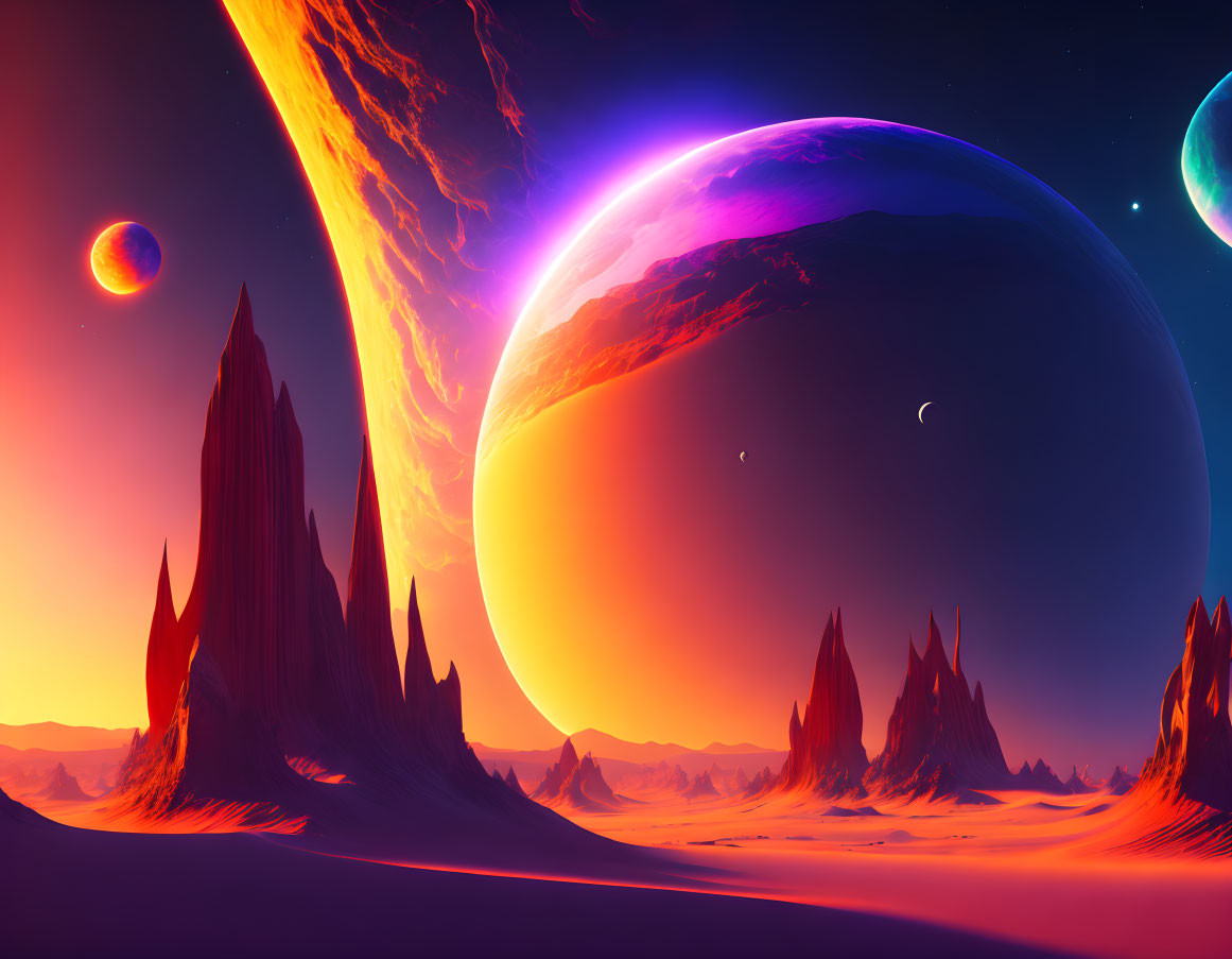 Colorful Sci-Fi Landscape with Rock Formations & Celestial Bodies