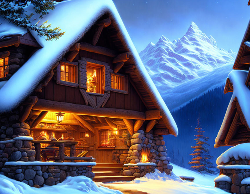 Snow-covered cabin in serene mountain twilight