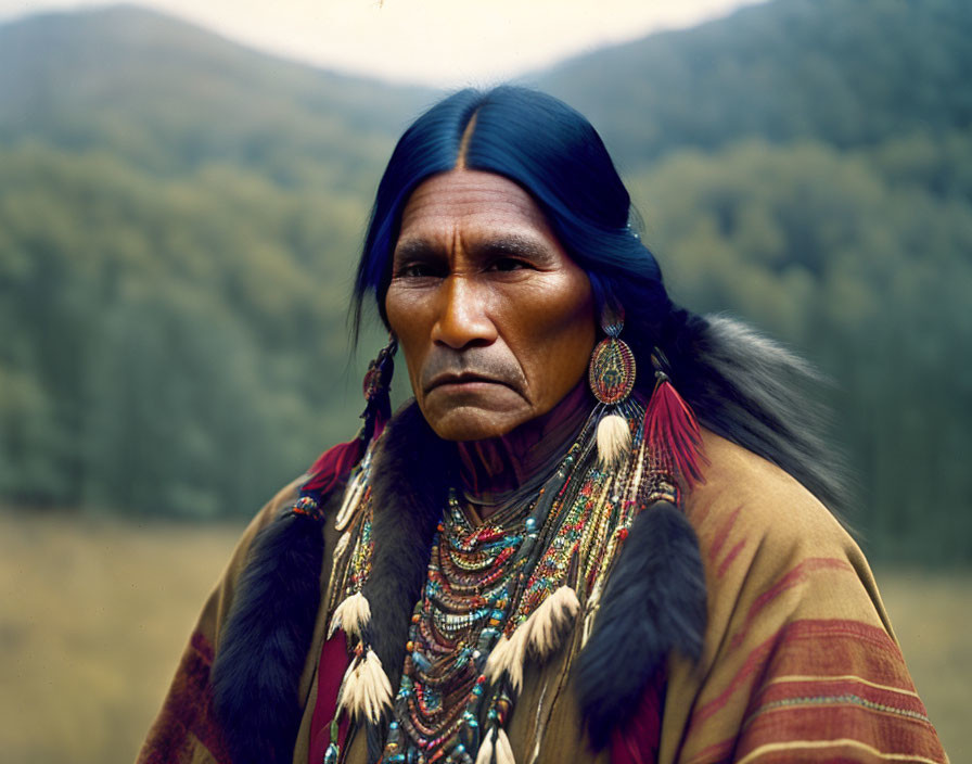 Traditional Native American man in beadwork attire against wooded backdrop