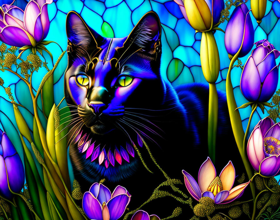 Colorful Digital Art: Black Cat with Glowing Outlines Among Purple Flowers