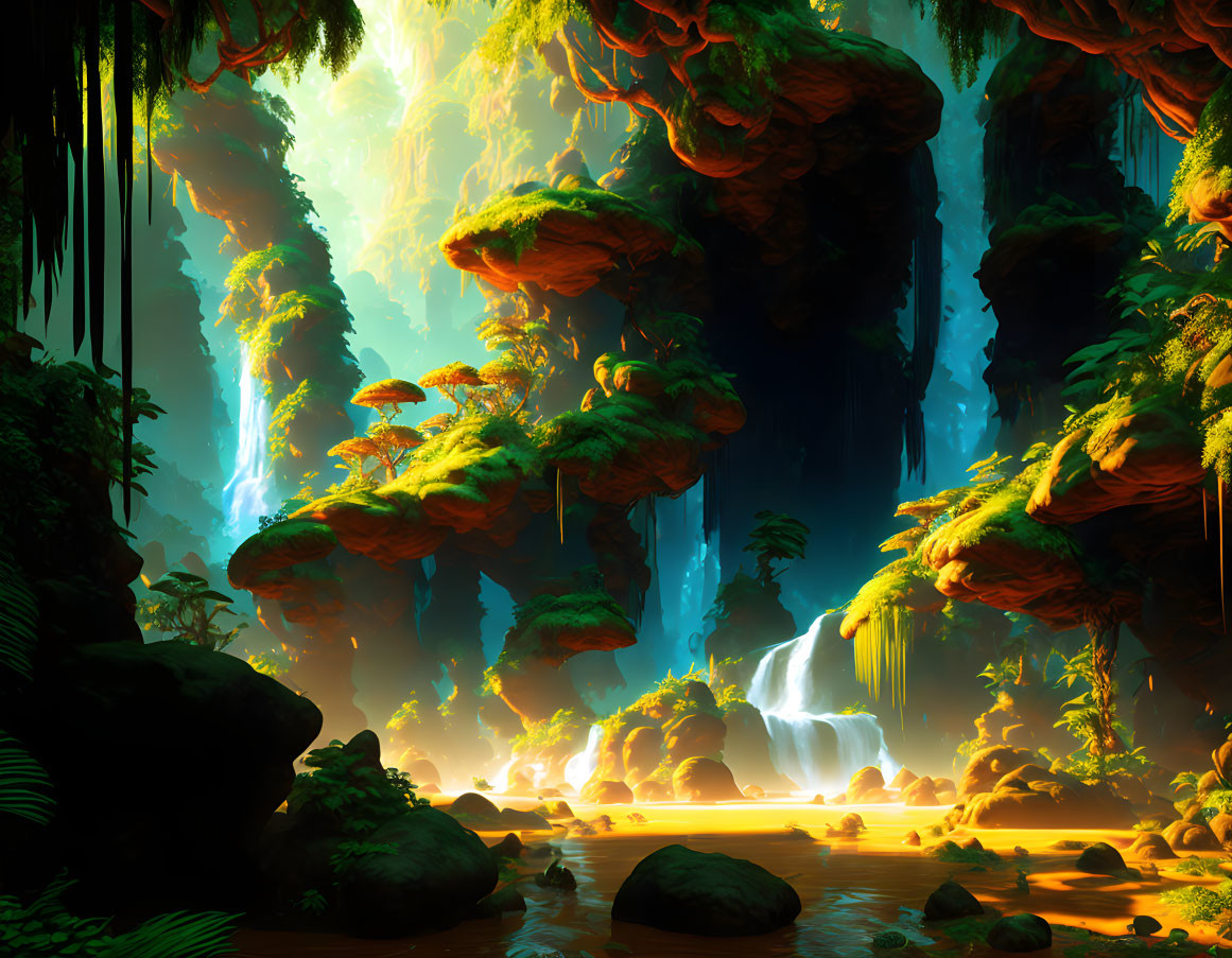 Vibrant jungle with waterfalls, greenery, islands, and light beams