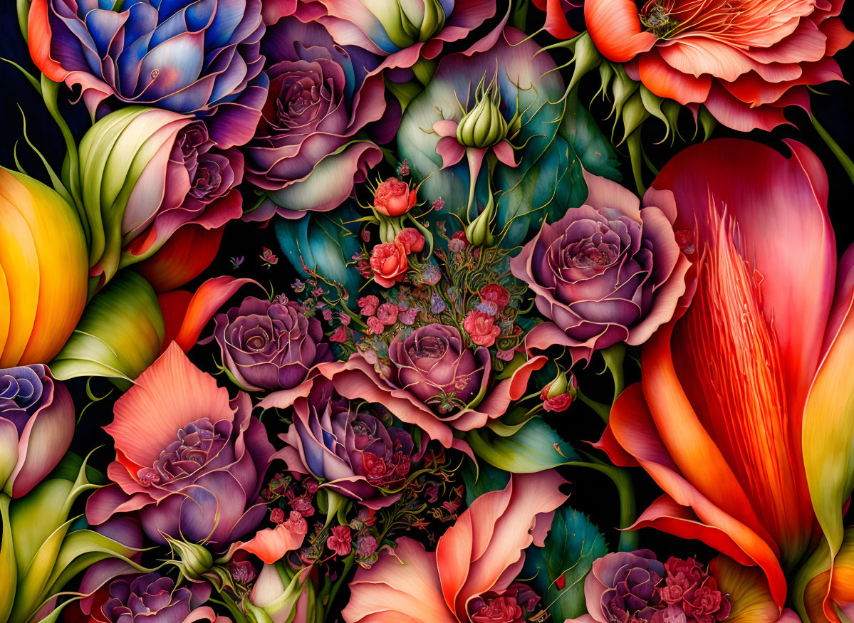 Colorful Flower Illustration with Roses and Tulips on Dark Background