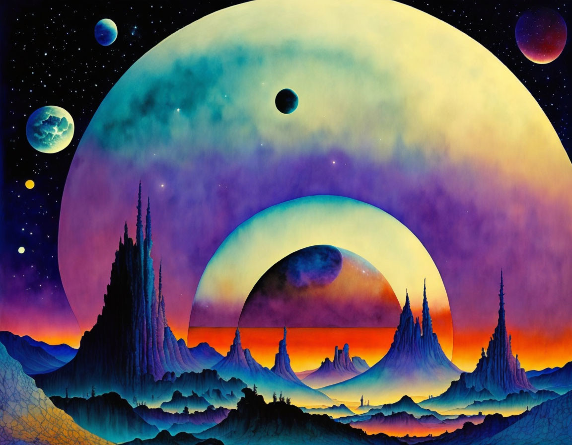 Colorful surreal landscape with towering spires and celestial bodies