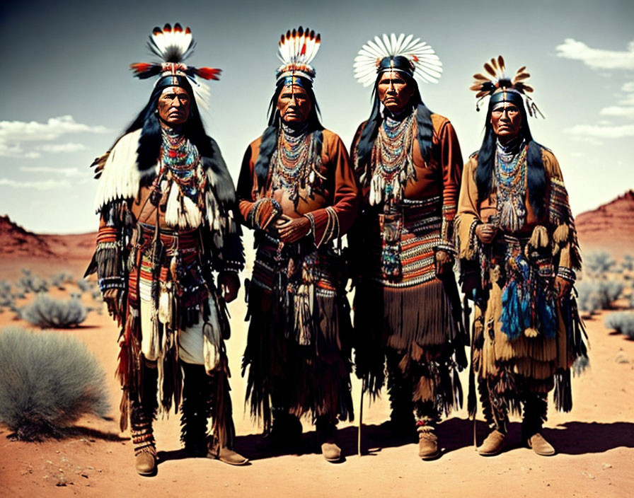 Four people in traditional Native American clothing in desert scenery