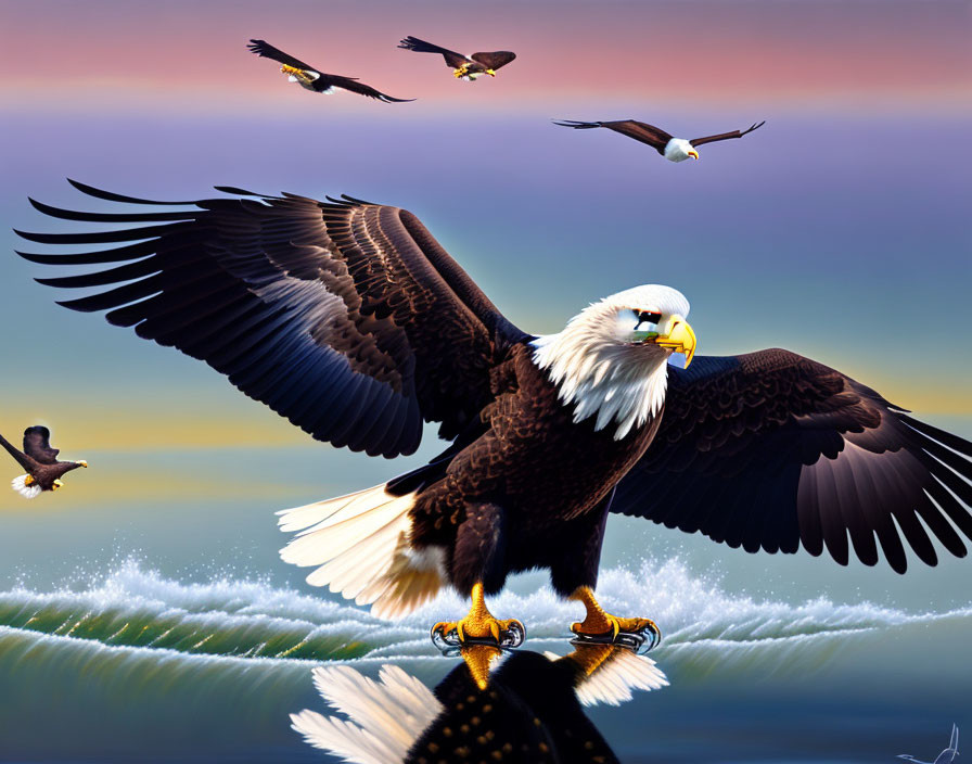 Majestic bald eagle with spread wings on reflective surface, birds flying in twilight sky