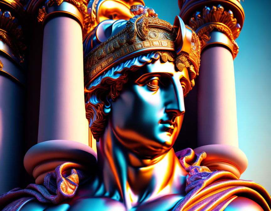 Classical statue with crown in vibrant blue and orange hues