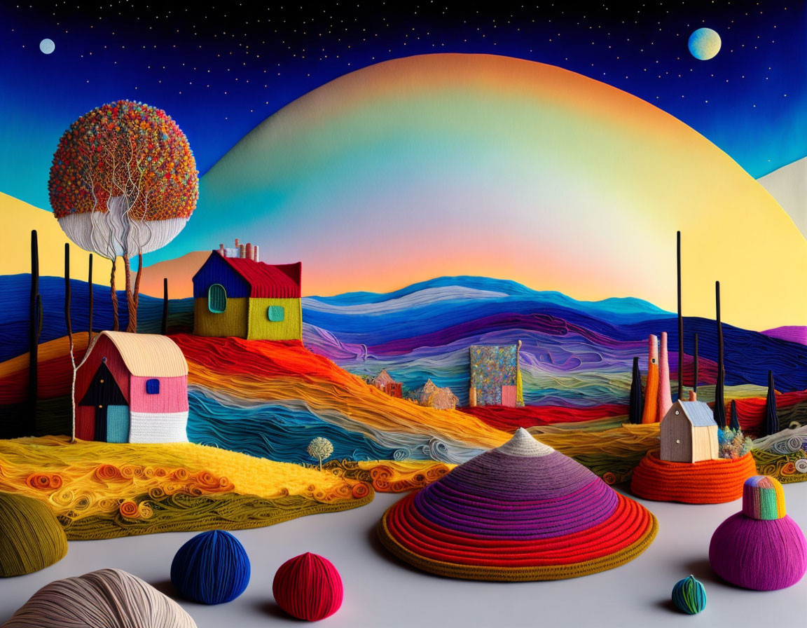 Colorful Yarn Landscape with Rolling Hills and Tree