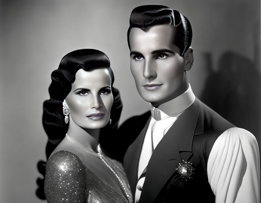 Stylish monochrome portrait of a couple in elegant attire