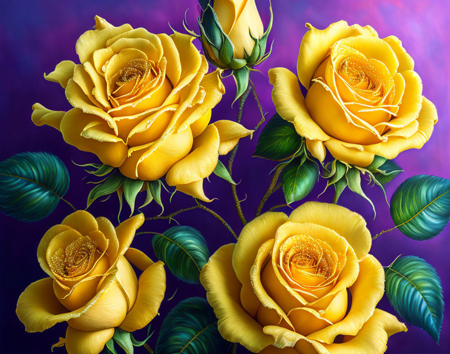 Yellow Roses with Dewdrops on Purple Background and Green Leaves