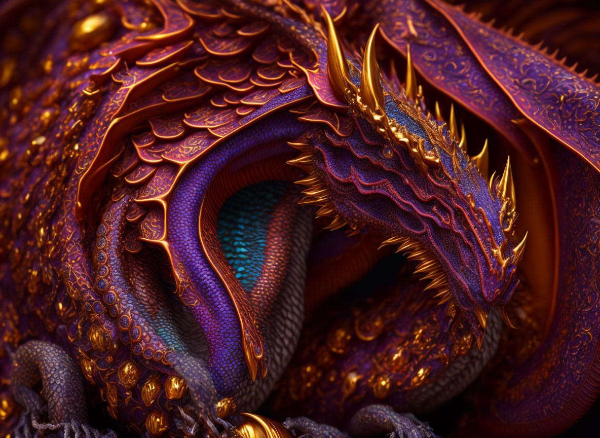 Detailed close-up of fantastical dragon with purple scales, gold accents, and blue eyes