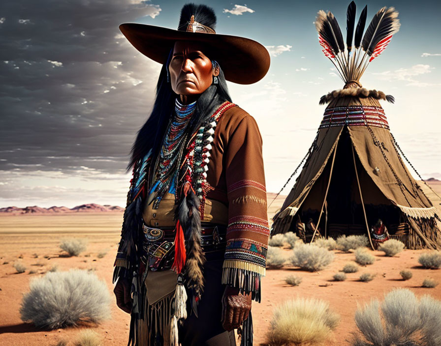 Native American person in traditional attire in desert landscape with teepee.