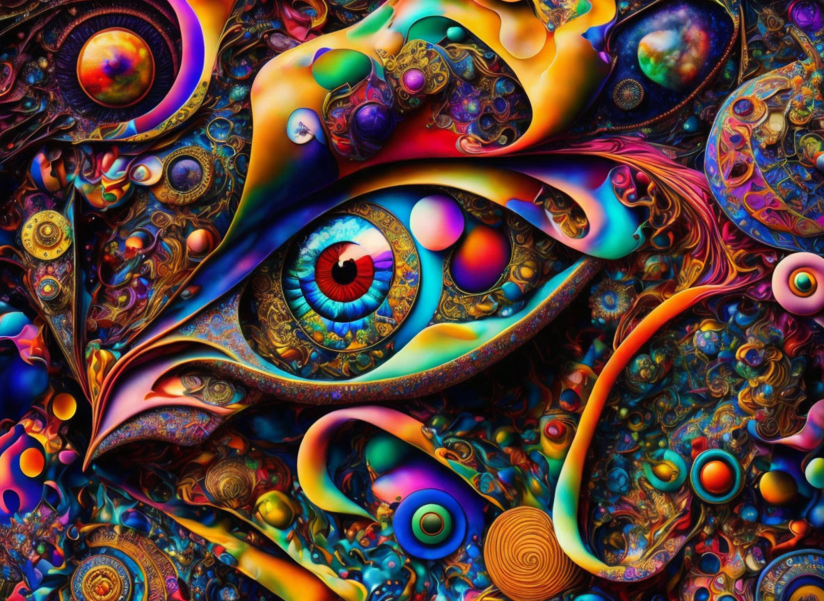Colorful psychedelic digital artwork with swirling patterns and detailed eye center.