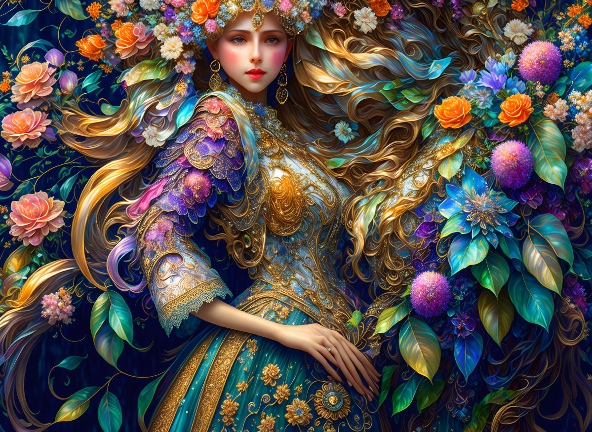 Digital artwork of woman with golden hair and floral crown in blue and gold dress among lush foliage