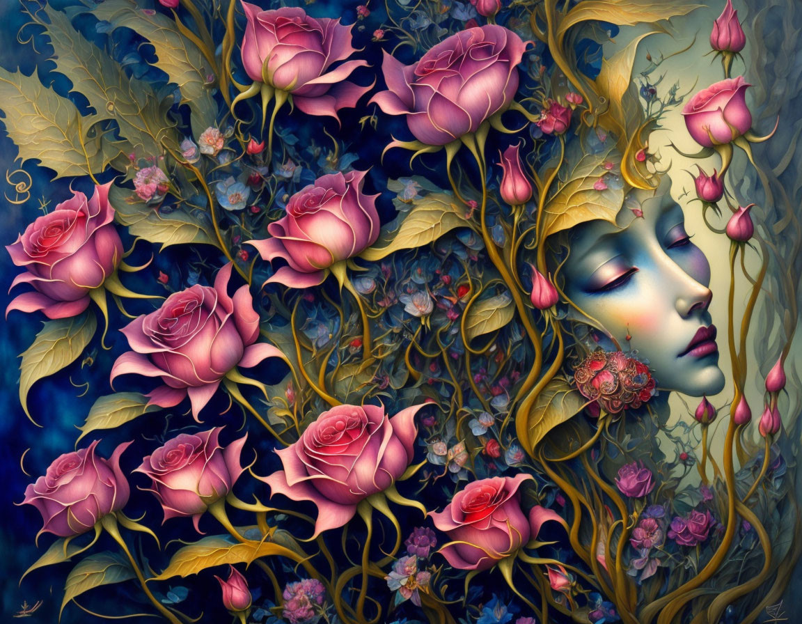 Illustration: Woman's face merges with pink roses and golden vines on blue background