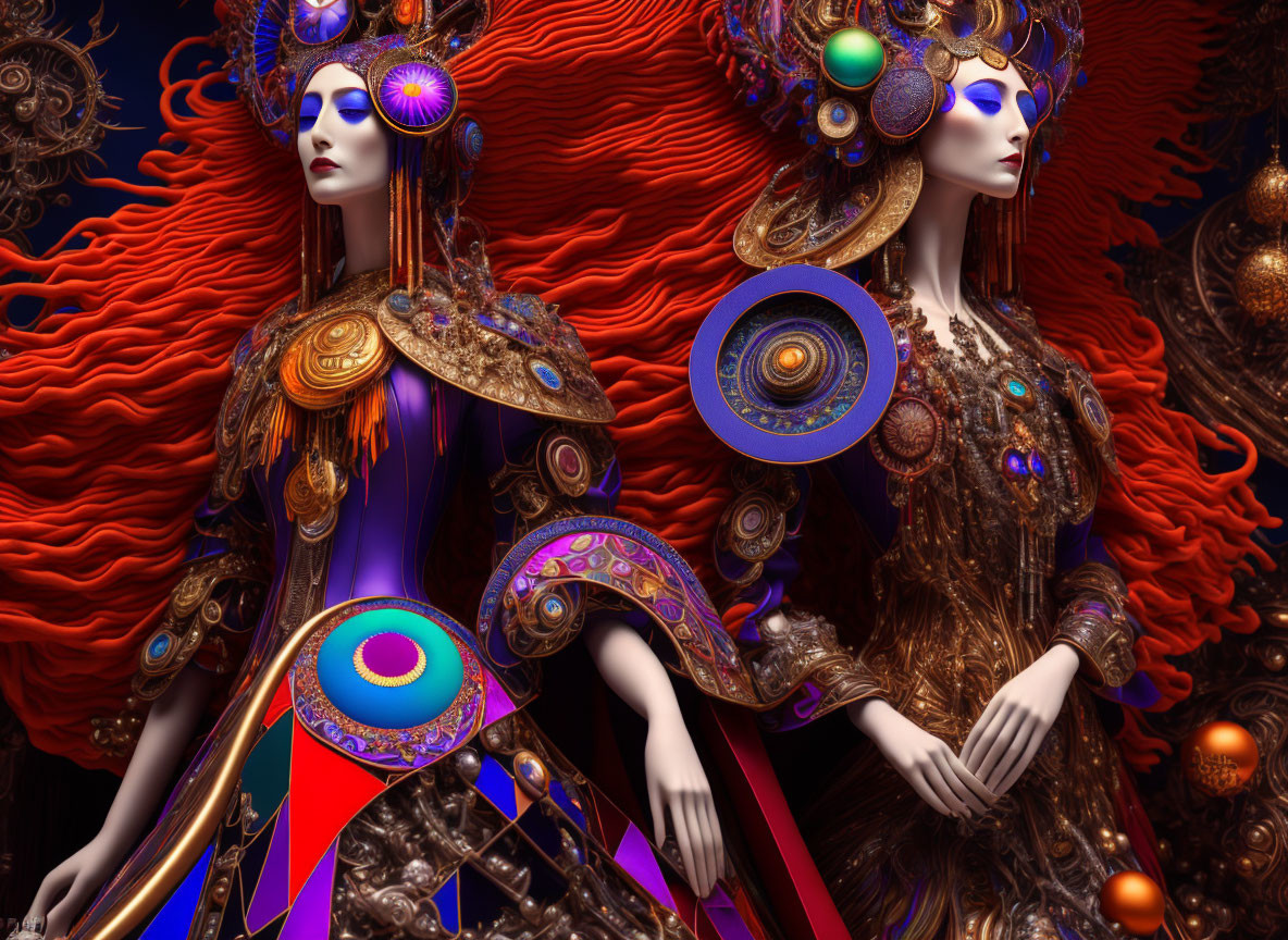 Ornate mannequins in elaborate gowns on red textile background