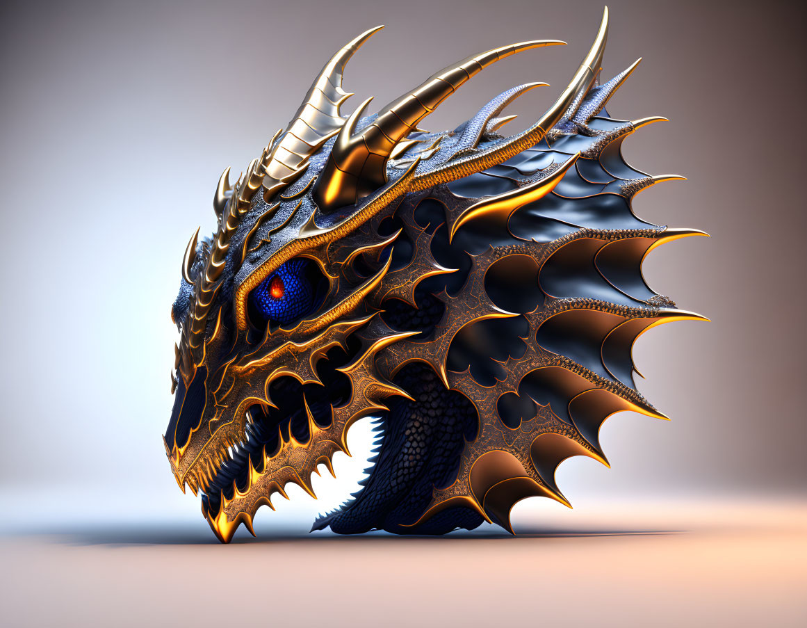 Detailed Metallic Dragon Head with Horns and Blue Eyes on Warm Background