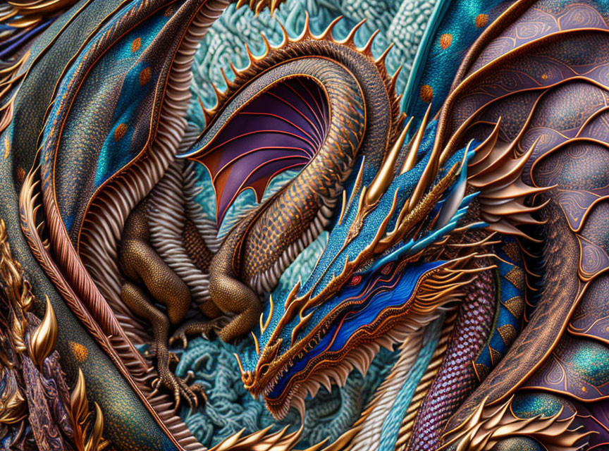 Colorful Stylized Dragon Artwork with Detailed Scales, Horns, and Feathers