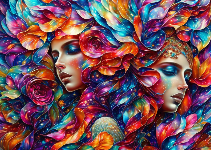 Colorful Swirling Roses and Celestial Faces Artwork